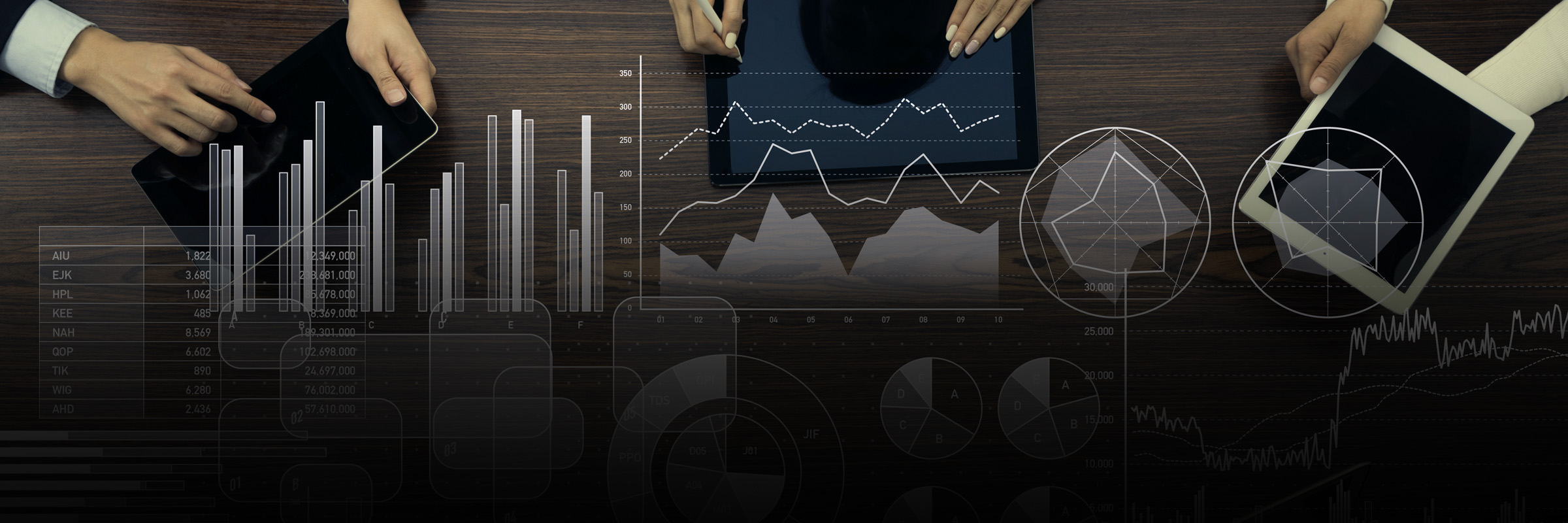 business meeting table overhead with charts