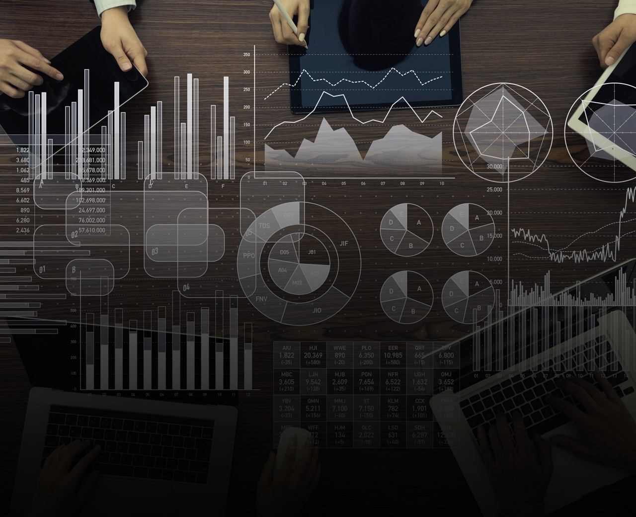 business meeting table overhead with charts